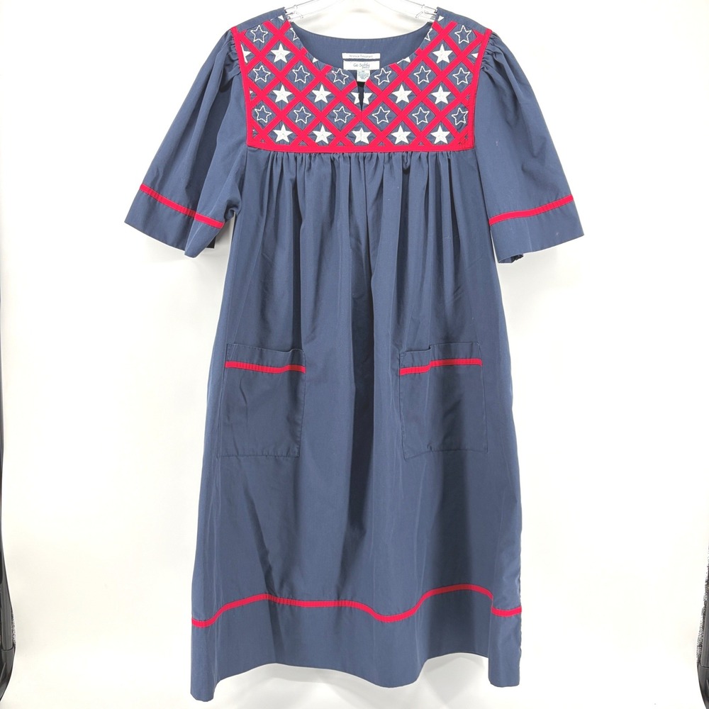 VTG Go Softly Patio Dress Medium Navy Blue Star Embroidered Patriotic Sleep